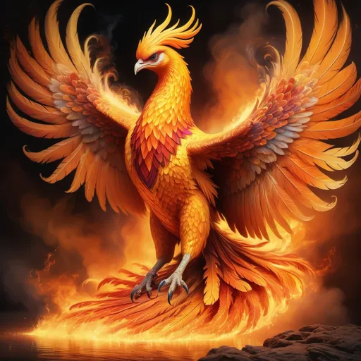 Prompt: (High detailed nature portrait), (majestic phoenix), vibrant fiery colors, intricate feathers blending with glowing embers, ethereal atmosphere enhanced by dramatic lighting, background of swirling flames and smoke creating a dynamic scene, soft golden undertones adding warmth, ultra-detailed, hyper-realistic, photorealistic, capturing the essence of this mythical creature in a breathtaking tableau.