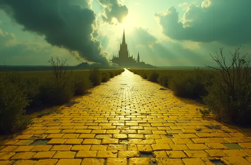 Prompt: (visual metaphor "Goodbye Yellow Brick Road"), (melancholic atmosphere), (surreal landscape), destroyed Emerald City on the horizon, (desaturated colors), weathered yellow bricks lining the desolate road, a dramatic cloudy sky casting haunting shadows over the scene, evoking a sense of nostalgia and loss, ultra-detailed, high-quality composition.