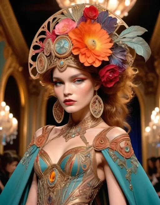 Prompt: High fashion runway show at Vogue, haute couture dresses, detailed embroidery and embellishments, dramatic lighting and poses, luxurious materials, high quality, editorial, avant-garde, intricate designs, extravagant details, glamorous atmosphere, vibrant colors, professional photography