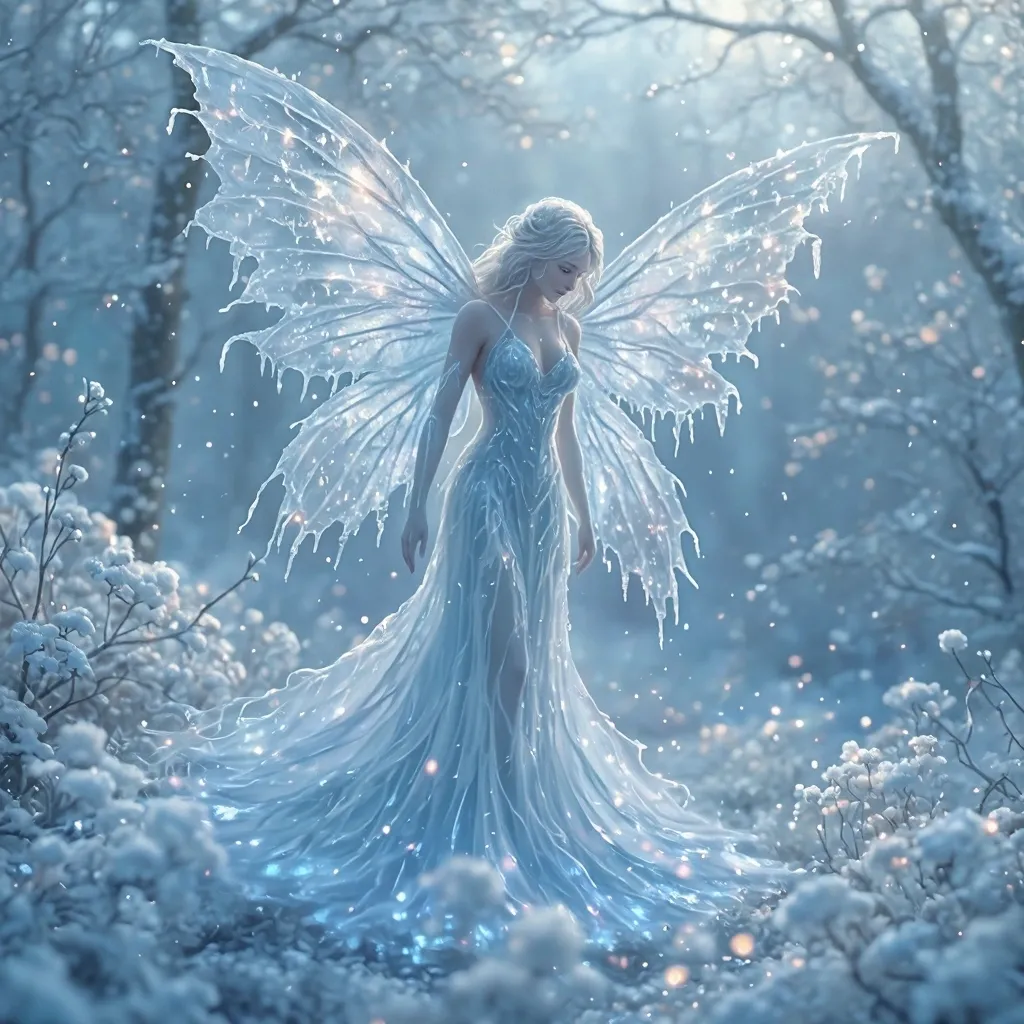Prompt: (melting ice fairy), delicate wings dripping with glistening icicles, ethereal glow from the fairy's body, surrounded by frost-covered flowers, shimmering particles in the air, enchanted forest backdrop, soft pastel color tones, serene and mystical ambiance, (highly detailed), magical light illuminating the scene, ethereal presence, enchanting winter wonderland vibe.
