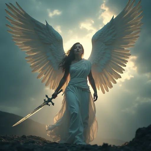 Prompt: Avenging angel, majestic wings spread wide, cloaked in ethereal white and silver tones, surrounded by an aura of vengeance. Ethereal glowing light breaking through dark stormy skies in the background, creating a captivating contrast. Powerful expression, poised stance, holding a shimmering sword, with determination radiating from the figure. 4K ultra-detailed, cinematic atmosphere invoking awe and intensity.