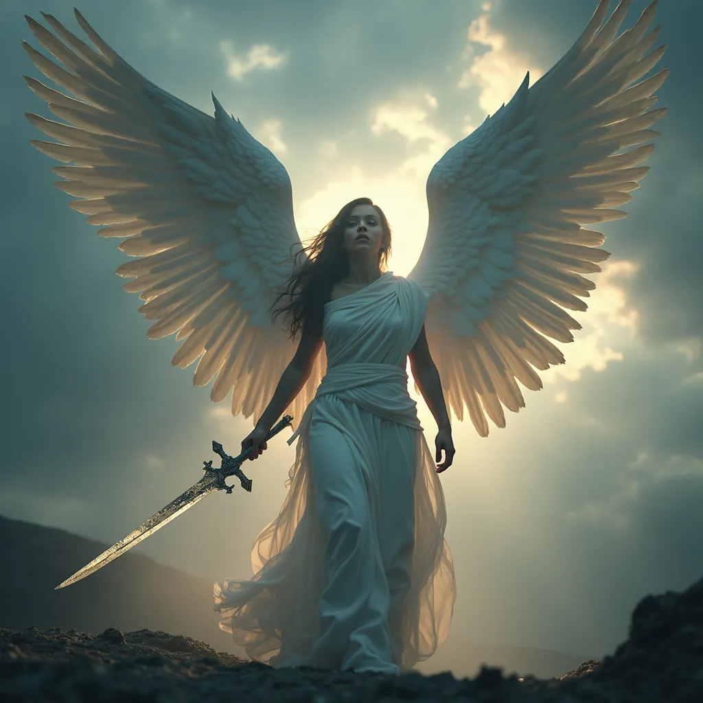 Prompt: Avenging angel, majestic wings spread wide, cloaked in ethereal white and silver tones, surrounded by an aura of vengeance. Ethereal glowing light breaking through dark stormy skies in the background, creating a captivating contrast. Powerful expression, poised stance, holding a shimmering sword, with determination radiating from the figure. 4K ultra-detailed, cinematic atmosphere invoking awe and intensity.