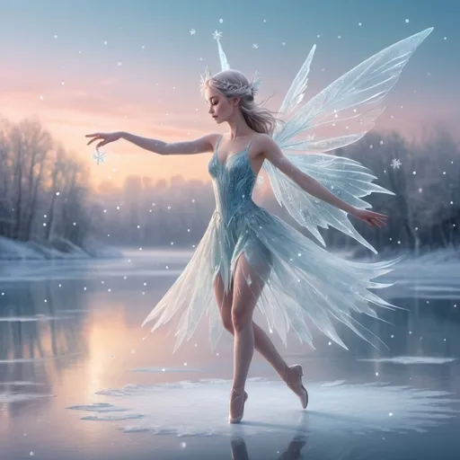 Prompt: Ice fairy dancing on a frozen lake, digital painting, delicate snowflakes falling, ethereal and mesmerizing, high quality, fantasy, pastel tones, soft and dreamy lighting, detailed icy wings, graceful movements, serene atmosphere