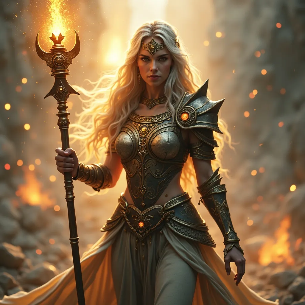 Prompt: Healing warrior priestess in battle, fierce and determined expression, wearing intricately designed armor adorned with sacred symbols, holding a glowing staff radiating healing energy. Surroundings portray a chaotic battlefield filled with swirling dust and faint mystical energies, creating a strong atmosphere of resilience. Ultra-detailed, cinematic lighting emphasizes her divine aura while maintaining a sense of urgency and hope, high quality 4k, photorealistic 