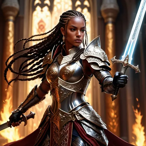 Prompt: Armored female paladin with sword killing a demon, long braids, brown skin, HD, digital painting, extremely detailed, determined expression, regal stance, ornate armor, intricate sword detail, majestic atmosphere, rich and vibrant colors, dramatic lighting, powerful presence