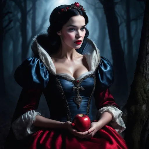 Prompt: (Snow White biting the poison apple), dramatic lighting, dark enchanted forest background, (moody atmosphere), deep shadows, mysterious fog, bright moonlight filtering through trees, vibrant red apple, highly detailed facial features, royal dress with rich colors, realistic fabric textures, ultra-detailed, 4K.