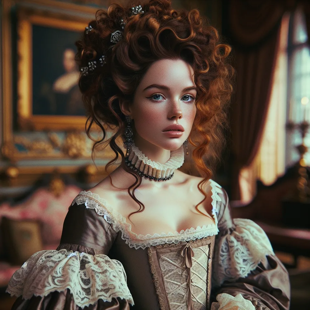 Prompt: Oil painting of an Elizabethan era biracial woman, elegantly dressed in historically accurate gowns adorned with lace, historically accurate hair, makeup and jewelry; standing in a sumptuously designed parlor; rich color tones, high detail, 4K quality.