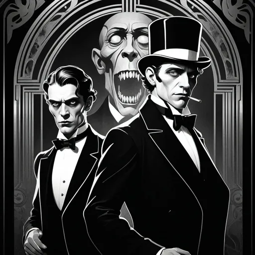 Prompt: Dr Jekyll and Mr Hyde in art deco style, elegant and intricate designs, classic horror, vintage black and white, retro Hollywood glamour, high contrast, elegant and detailed, art deco, vintage, monochrome, dramatic lighting