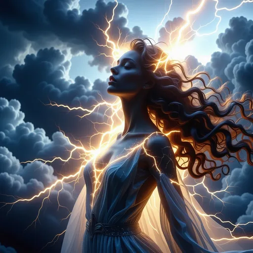 Prompt: Lightening goddess, (ethereal) divine femininity, (mystical lighting), surrounded by stormy clouds, bright flashes of light illuminating her figure, striking poses evoking power and sovereignty, vibrant contrasts of deep blues and electric whites, (ultra-detailed) composition, enchanting atmosphere, powerful and fierce expression, embodying freedom and strength amidst the tempest, textured cloudscapes in the background.