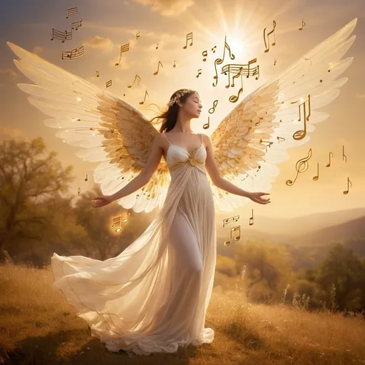 Prompt: (angel of music), ethereal figure with delicate wings, surrounded by notes and harmonies, soft radiance emanating, serene and uplifting ambiance, flowing garments with musical symbols, warm golden light illuminating a celestial background, ultra-detailed, atmospheric, conveying a sense of peace and inspiration, harmonizing with a dreamy landscape.