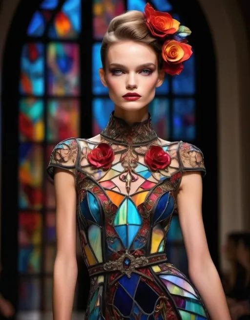 Prompt: High fashion runway show at Vogue, haute couture dresses, detailed embroidery and embellishments, dramatic lighting and poses, luxurious materials, high quality, editorial, avant-garde, intricate designs, extravagant details, glamorous atmosphere, vibrant colors, professional photography