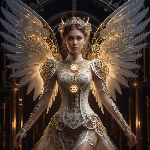 Prompt: (Clockwork angel), intricate mechanical wings, elegant gears intertwined, clockwork clothing and shoes, ethereal glow, wisps of steam, serene expression, halo of delicate cogs, set against a dark atmospheric background, faint glimmering lights illuminating, mystical, enchanting, highly detailed, fantasy art style, invoking a sense of wonder, 4K, ultra-detailed.