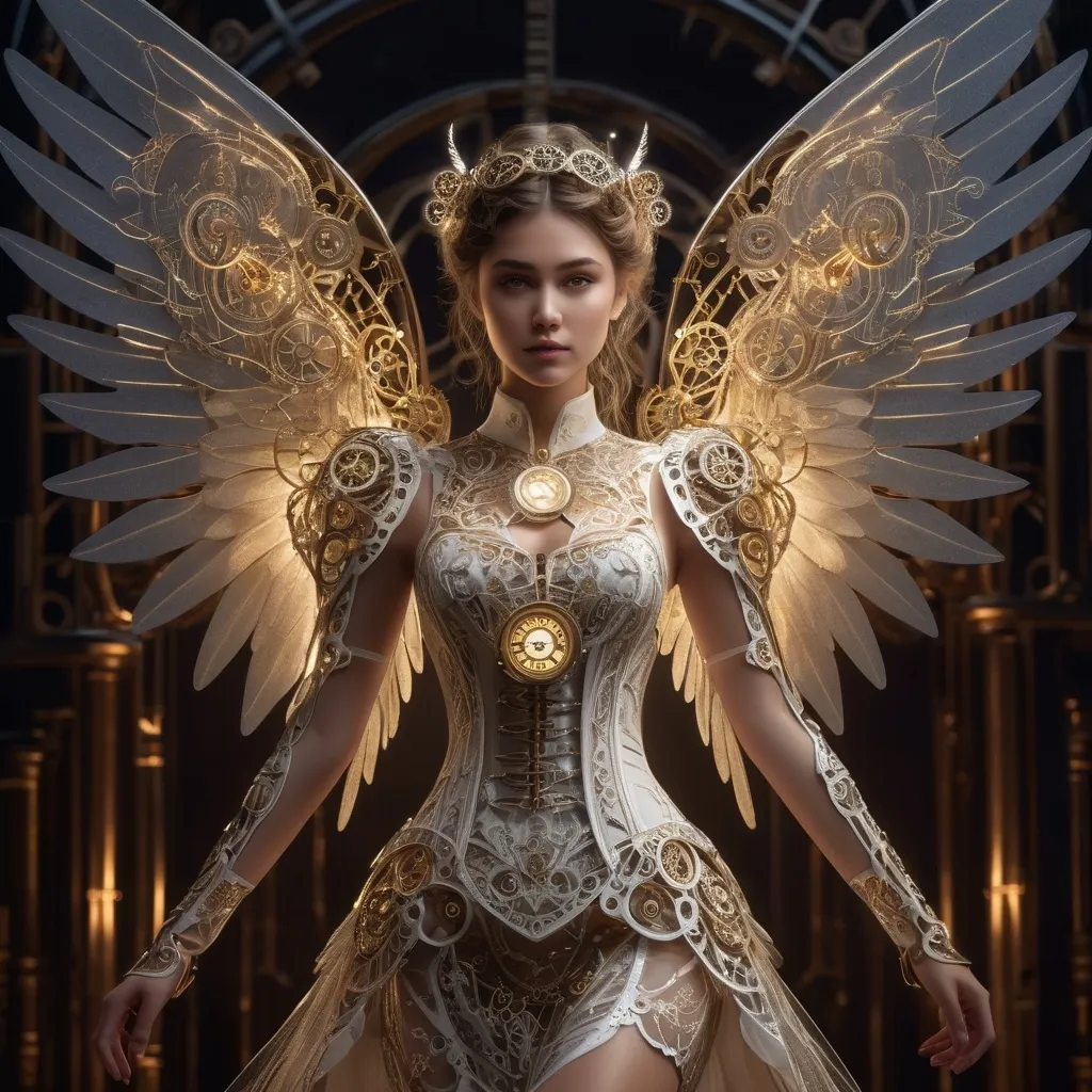 Prompt: (Clockwork angel), intricate mechanical wings, elegant gears intertwined, clockwork clothing and shoes, ethereal glow, wisps of steam, serene expression, halo of delicate cogs, set against a dark atmospheric background, faint glimmering lights illuminating, mystical, enchanting, highly detailed, fantasy art style, invoking a sense of wonder, 4K, ultra-detailed.