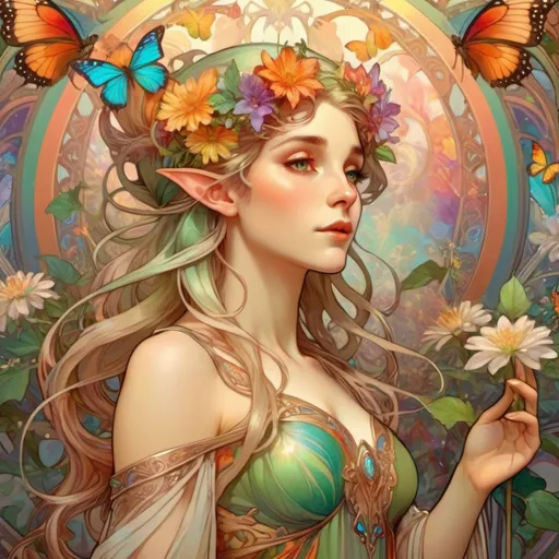 Prompt: Stunningly beautiful full body portrait of a female elf, rainbows, butterflies, floral, high def, 8k
