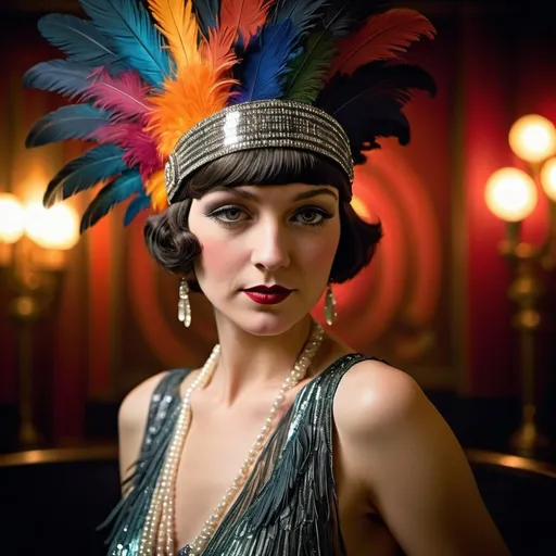 Prompt: Flapper in a 1920s jazz-age nightclub, vibrant and colorful, glamorous feathered headpiece, shimmering fringe dress, confident posture, smoky and dim lighting, high quality, vibrant colors, glamorous, 1920s, jazz-age, confident stance, dim lighting, nightlife