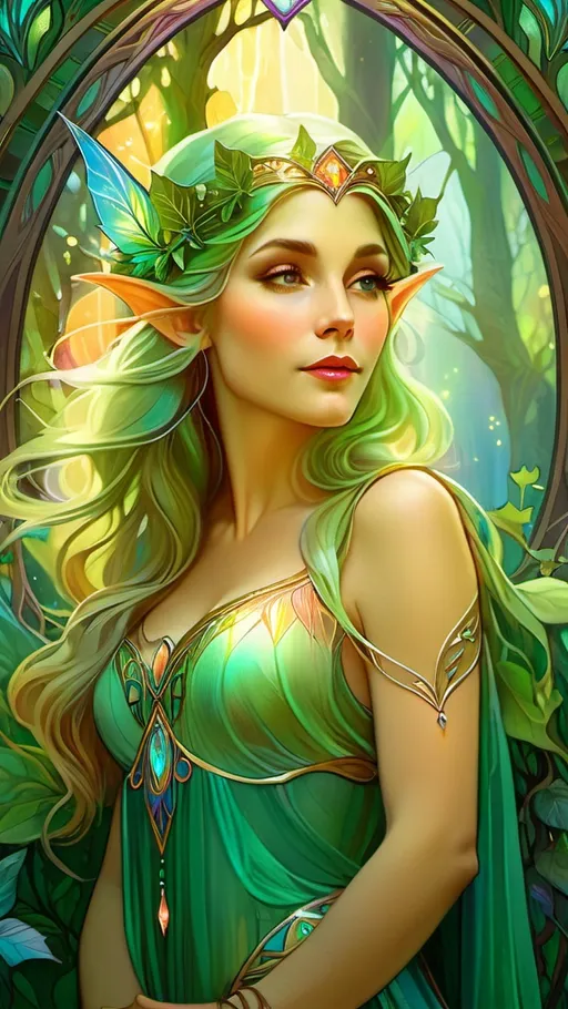 Prompt: Elf, fantasy digital painting, mystical forest background, ethereal and magical aura, detailed elven features, high fantasy, vibrant and enchanting color palette, highres, detailed, fantasy, digital painting, mystical, ethereal, magical, vibrant colors, detailed features, enchanting lighting
