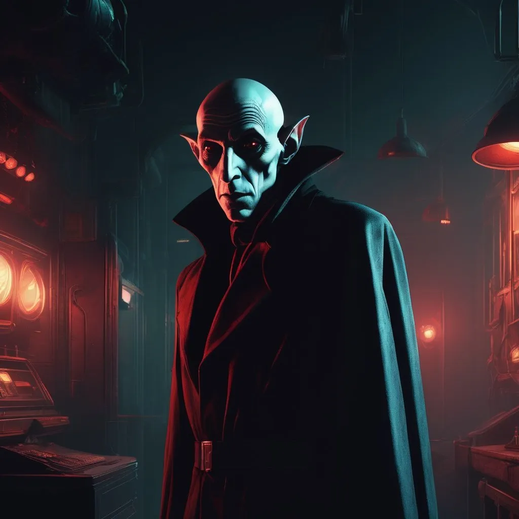 Prompt: Nosferatu detective in futuristic-retro futurism style, detailed vampire features, noir color palette, mysterious shadows, vintage cyberpunk setting, high-quality 4k rendering, retro-futurism, Nosferatu, detective, detailed features, mysterious shadows, vintage cyberpunk, high-quality, detailed vampire, noir, atmospheric lighting