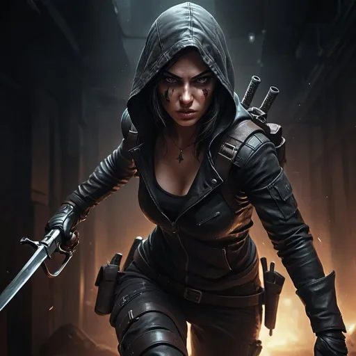 Prompt: High-quality digital painting of a fierce female assassin going for the kill, detailed facial features, dark and gritty atmosphere, intense and focused gaze, dynamic full body action pose, leather and tactical gear, mysterious and shadowy lighting, cinematic, intense, dark tones, assassin, digital painting, detailed eyes, professional, atmospheric lighting