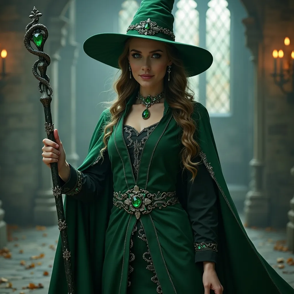 Prompt: (Slytherin witch), enchanting atmosphere, dark green and silver colors, elegant robes adorned with serpent motifs, emerald gemstones glimmering, intricate wand, confident expression, ancient castle backdrop, flickering candlelight, mysterious shadows enveloping, a hint of magic in the air, high-quality details, ultra-detailed, enchanting, mystical ambiance.