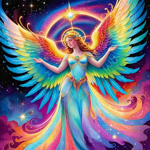 Prompt: (Cosmic, psychedelic rainbow angel), vibrant colors, swirling patterns, ethereal atmosphere, glowing radiance, intricate details of wings and halo, dreamlike background of nebulae and stars, otherworldly glow, transcendent vibe, surreal elements, ultra-detailed, stunning visual depth, mystical aura, celestial wonder, vivid imagery blending fantasy and spirituality, high-quality, captivating composition.