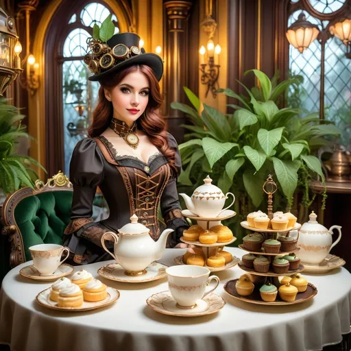 Prompt: (fantastical steampunk tea party), elaborate steampunk clothing, Victorian-style tea set, delicate pastries, intricate machinery adorned with gears, warm ambient lighting, inviting atmosphere, surrounded by gothic architecture, vintage tablecloths, lush greenery, whimsical decorations, ultra-detailed, high-quality illustration, captivating and imaginative.