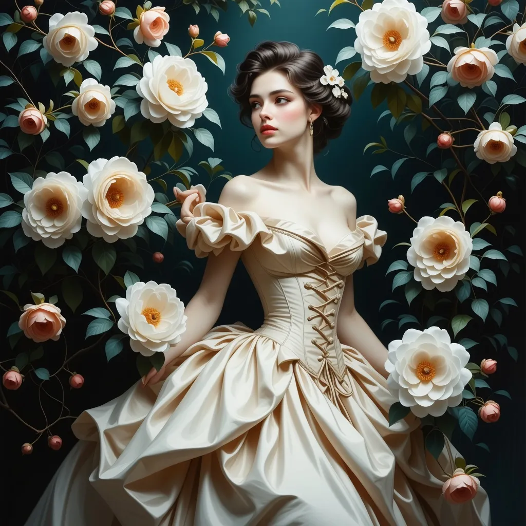 Prompt: Lady of camellias, (elegant woman in a romantic gown), surrounded by camellia flowers, soft light illuminating the scene, lush greenery in the background, intricate floral details, muted pastel colors, (highly detailed), softly blurred edges, 4K resolution, elegant and poetic atmosphere.