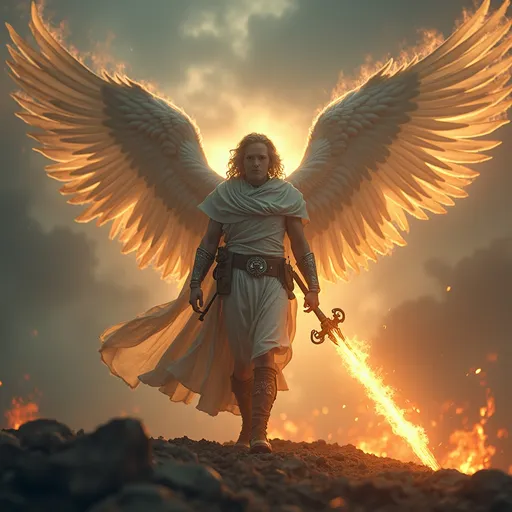 Prompt: Avenging angel, majestic wings spread wide, cloaked in ethereal colors, surrounded by an aura of vengeance. Carrying a flaming sword, Powerful expression, military stance, with determination radiating from the figure. 4K ultra-detailed, cinematic atmosphere invoking awe and intensity.