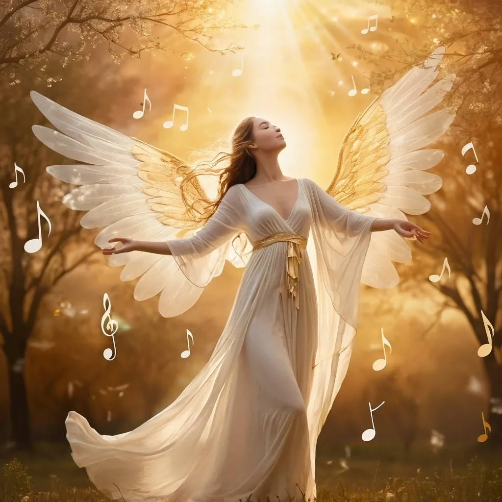 Prompt: (angel of music), ethereal figure with delicate wings, surrounded by notes and harmonies, soft radiance emanating, serene and uplifting ambiance, flowing garments with musical symbols, warm golden light illuminating a celestial background, ultra-detailed, atmospheric, conveying a sense of peace and inspiration, harmonizing with a dreamy landscape.