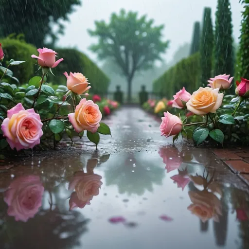 Prompt: Rose garden in the rain, cinematic masterpiece, vibrant colors, cool tone lighting, roses of various colors glistening with raindrops, gentle rain falling, lush green leaves, serene and poetic atmosphere, misty background with blurred-out shapes of trees and trellises, ultra-detailed, 4K, tranquil mood, high depth of field, intricate details, garden paths slightly wet, reflection of the sky on puddles, crisp and clear image.