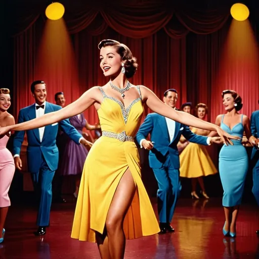 Prompt: 1950s, dancer performing in a nightclub, glamorous stage performance, classic Hollywood glamour, Cyd Charisse, Singin in the Rain, The Bandwagon, vibrant colors, detailed stage jewelry, high quality, sultry light, classic Hollywood, elegant performance