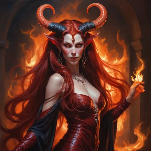Prompt: Beautiful tiefling demoness with elegant horns and long flowing hair, rich and vibrant red skin, full body pose, delicate and mesmerizing features, fantasy oil painting, detailed and lifelike, fantasy, elegant, regal, oil painting, vibrant colors, graceful horns, flowing hair, high quality, atmospheric lighting, flames