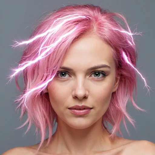 Prompt: Woman with pink lightening for hair
