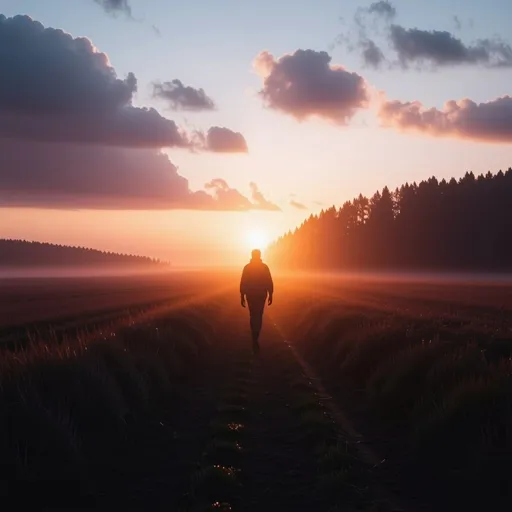 Prompt: (walking towards a distant horizon), a figure silhouetted against a vivid sunset, shadows stretch over vast fields and forest, vibrant colors of orange and purple blend beautifully, a sense of determination and hope in the air, inspiring atmosphere, high depth cinematic masterpiece, 4K, ultra-detailed, capturing the essence of dreams and adventure.