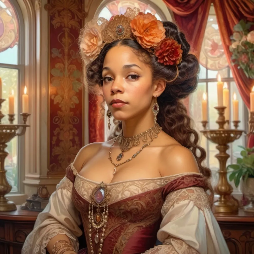 Prompt: Oil painting of an Elizabethan era biracial woman, elegantly dressed in historically accurate gowns adorned with lace, historically accurate hair, makeup and jewelry; standing in a sumptuously designed parlor; rich color tones, high detail, 4K quality.