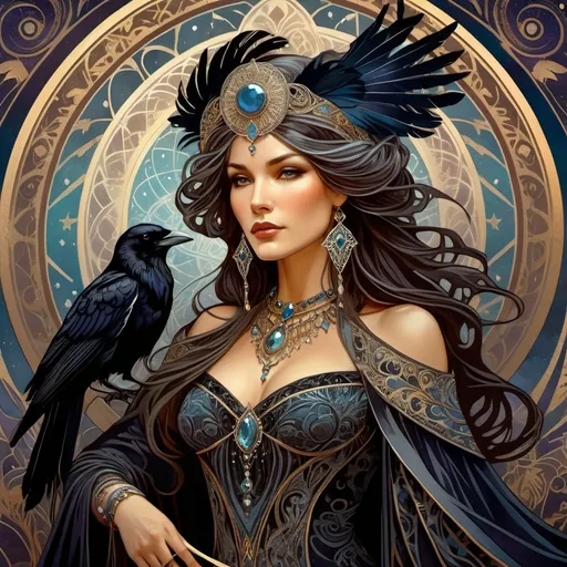 Prompt: Tarot-style sorceress in ornate gown with crow feathers , dramatic lighting, full HD, immense detail, well-lit, intricate patterns, mystical aura, detailed facial features, flowing fabric, ornate jewelry, dark color scheme, magical atmosphere, high resolution, detailed embroidery, professional digital art, enchanting, dramatic shadows, mystical, enchanting lighting