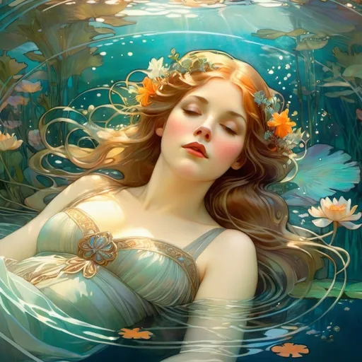 Prompt: Ophelia floating underwater, ( ethereal and serene), sorrowful expression, surrounded by vibrant aquatic flora, soft beams of light filtering down from above, evoking a sense of tranquility and dreamlike beauty, flowing hair and gauzy fabric swirling gracefully in the water, (highly detailed and ultra-realistic)