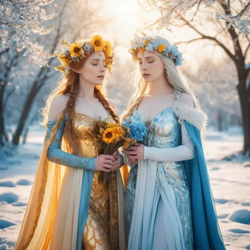 Prompt: (Goddess of Summer), (Goddess of Winter), meeting at the solstice, duality of seasons, vivid sun, warm golden tones, cool icy blues, ethereal landscape with melting snow and blooming flowers, contrasting emotional expressions, passionate warmth vs serene calm, detailed costumes representing both seasons, high-quality and ultra-detailed, cinematic atmosphere, enchanting and magical vibe.