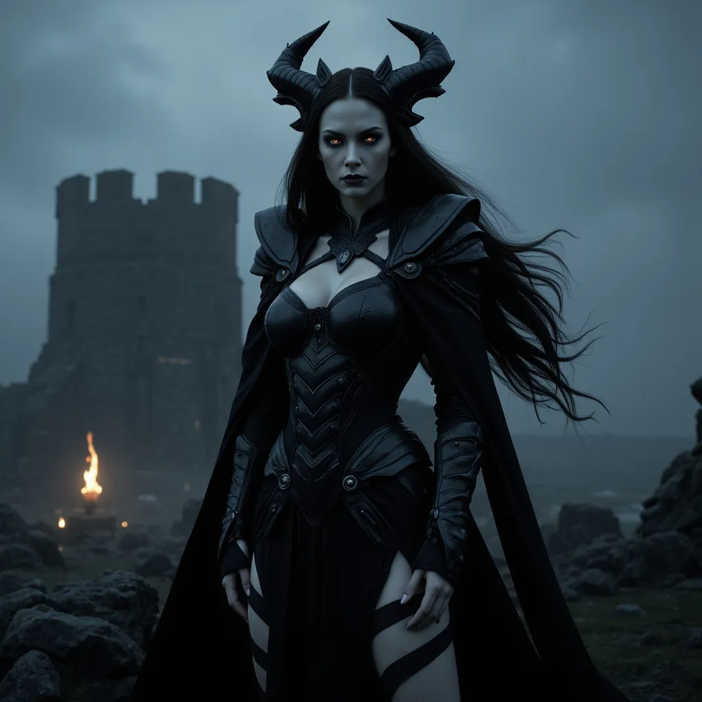 Prompt: (dark and foreboding goddess of death), (ominous atmosphere), intricate dark attire, flowing shadows, haunting presence, eerie glow, sharp features with a chilling expression, misty landscape background, flickering candlelight effects, enigmatic aura, depth, and detail, (highly detailed), (4K) resolution, cinematic lighting.