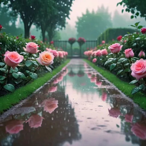 Prompt: Rose garden in the rain, cinematic masterpiece, vibrant colors, cool tone lighting, roses of various colors glistening with raindrops, gentle rain falling, lush green leaves, serene and poetic atmosphere, misty background with blurred-out shapes of trees and trellises, ultra-detailed, 4K, tranquil mood, high depth of field, intricate details, garden paths slightly wet, reflection of the sky on puddles, crisp and clear image.