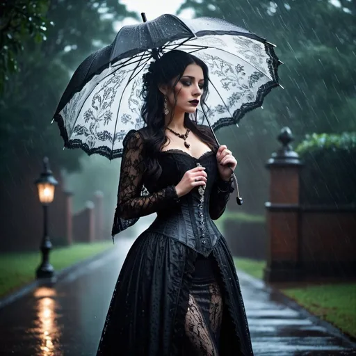 Prompt: Victorian gothic woman standing in the rain holding an umbrella , full body, detailed lace gown, intricate jewelry, hauntingly beautiful, high quality, gothic, vintage, dramatic lighting, dark color tones