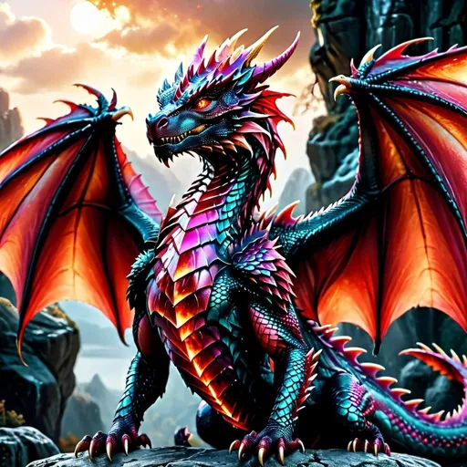 Prompt:  dragon with ruby crystal scales, realistic 3D rendering, majestic and powerful pose, intricate details, high quality, fantasy, warm tones, detailed scales, glowing eyes, large wingspan, ethereal atmosphere, mystical lighting