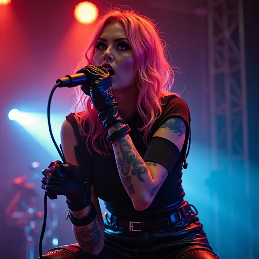 Prompt: (punk rock girl performance), edgy style, (dynamic pose), vibrant colors, bold hair, expressive makeup, rebellious attitude, dramatic lighting, energetic atmosphere, cool tones, (high energy), captivating expression, stylish clothing, concert backdrop, ultra-detailed, 4K.