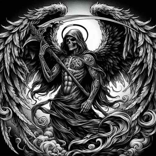 Prompt: Male Angel of death tattoo flash, (intricate design), dark and ethereal tones, (highly detailed), dramatic symbolism, flowing robes, holding a scythe, winged figure, mystical aura, (bold outlines), rich textures and shading, captivating yet somber vibe, (black and gray), (4K ultra-detailed).