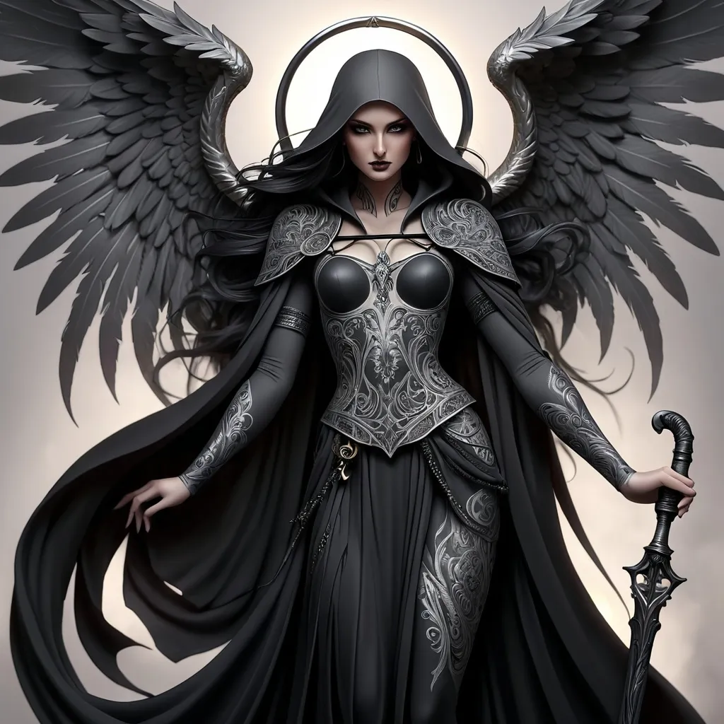 Prompt: Angel of death tattoo flash, (intricate design), dark and ethereal tones, (highly detailed), flowing robes, holding a scythe, winged figure, mystical aura, (bold outlines), rich textures and shading, captivating yet somber vibe, (black and gray), (4K ultra-detailed).