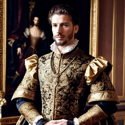 Prompt: Elizabethan-style oil painting of a distinguished man, rich textures and intricate details, opulent and luxurious attire, impeccable posture and confident expression, dramatic lighting and deep shadows, aristocratic setting with ornate furniture and lavish draperies, masterfully crafted, realistic portrayal, regal atmosphere, high quality, oil painting, fashion model, opulent attire, dramatic lighting, aristocratic setting, regal atmosphere, rich textures
