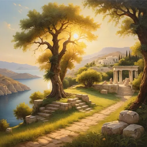 Prompt: Pastoral scene from Greek mythology, oil painting, idyllic countryside, Greek gods and goddesses, lush greenery, golden sunlight, peaceful and serene, high quality, oil painting, mythical, idyllic, serene atmosphere, golden tones, lush landscapes, detailed characters, soft lighting