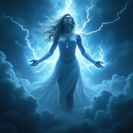 Prompt: Lightening goddess, (ethereal) divine femininity, (mystical lighting), surrounded by stormy clouds, bright flashes of light illuminating her figure, striking poses evoking power and sovereignty, vibrant contrasts of deep blues and electric whites, (ultra-detailed) composition, powerful and fierce expression, embodying freedom and strength amidst the tempest, textured cloudscapes in the background.