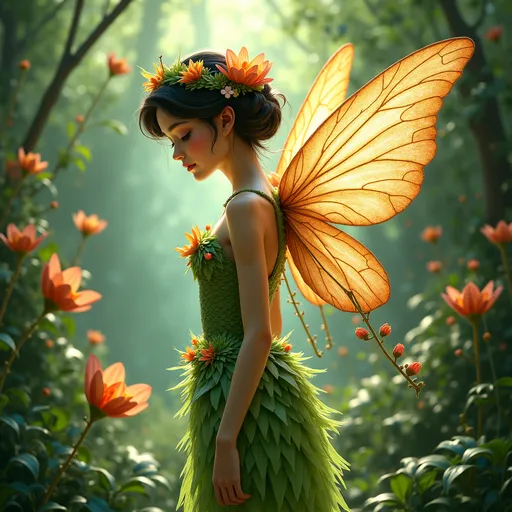 Prompt: (Jasmine flower fairy), (intricate details), (Brian Froud style), ethereal beauty, whimsical atmosphere, delicate wings glistening in soft light, vibrant greens and warm floral hues, lush enchanted forest background, enchanting magical glow, dreamy ambiance, ultra-detailed ethereal expression, enchantingly captivating pose, mesmerizing craftsmanship, HD quality art.