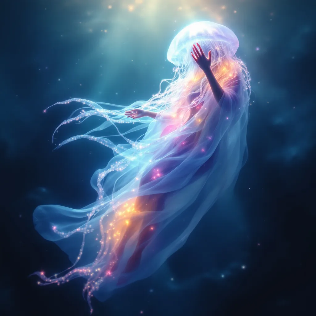 Prompt: ethereal jellyfish goddess floating in the ocean, translucent flowing robes, bioluminescent hues, graceful pose, serenely glowing tendrils, mystical oceanic background, shimmering light, dreamy atmosphere, calm and otherworldly, soft pastel colors blending with deep oceanic tones, ultra-detailed, high quality, captivating and enchanting vibe, moonlit ambiance