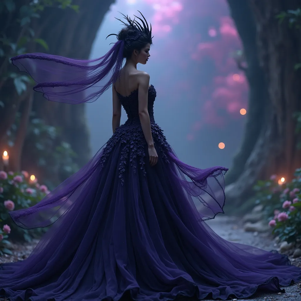 Prompt: (Beautiful demon), elegant gown, intricate details in fabric, ethereal aura, dark enchanting ambiance, rich jewel tones like deep purple and midnight blue, intricate lace, surrounded by an otherworldly background, high detail, visually stunning, cinematic lighting, ultra-detailed, mystical theme.